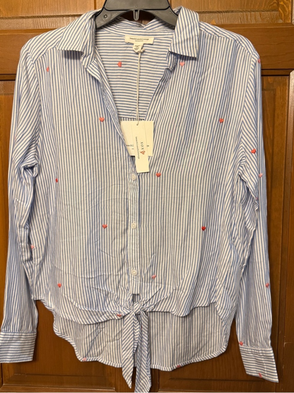 Beachlunchlounge Striped Tie-Front Button Shirt with Heart Embroidery